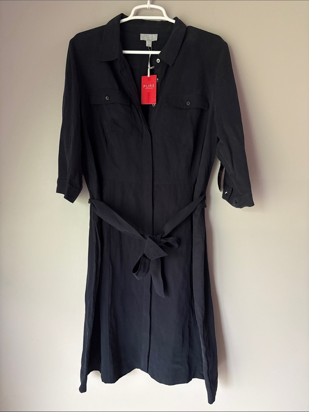 PURE Collection Women’s Deep Navy Silk Linen Tie Waist Shirt Dress